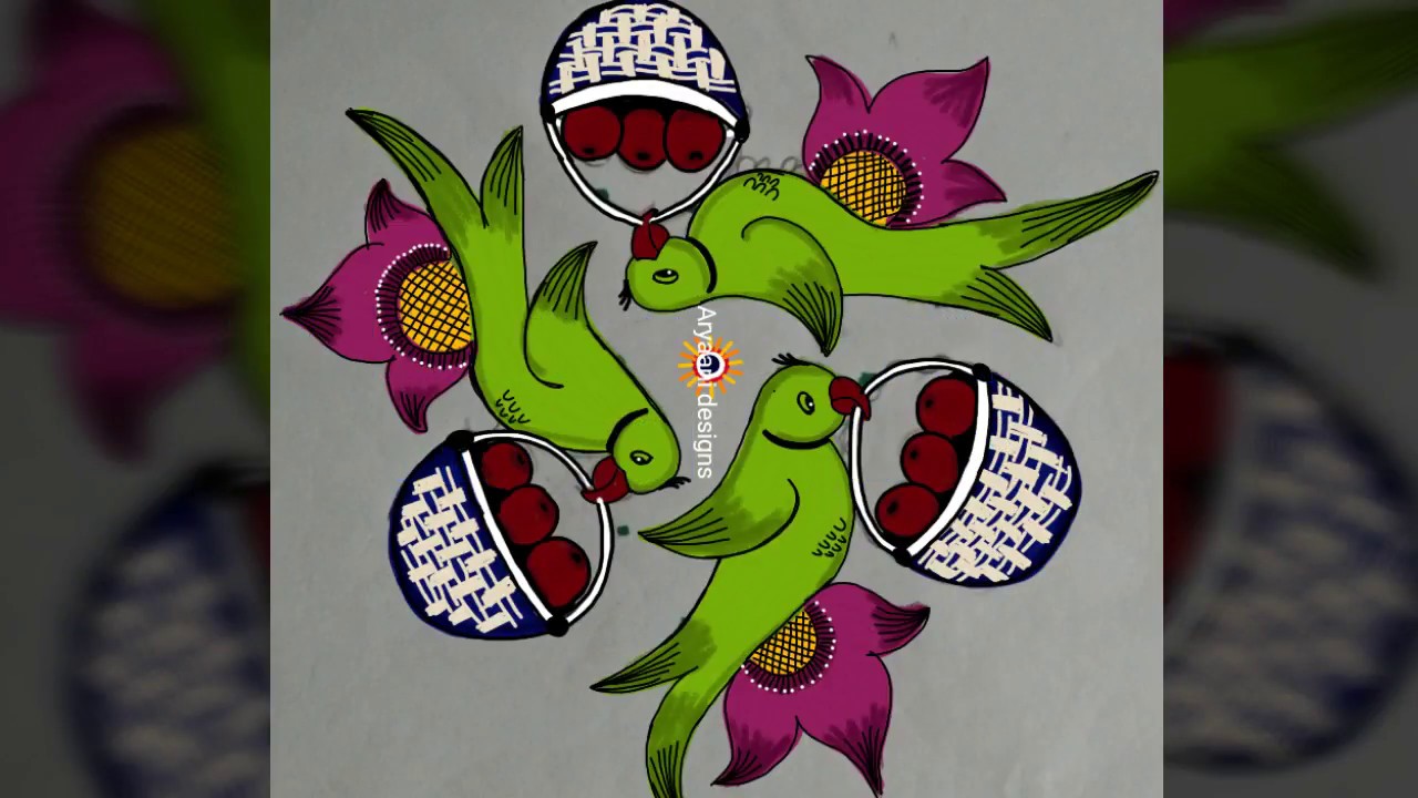 Easy rangoli designs...special New year kolam..parrots...7 to 4 moddle dots...chilukala muggu