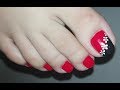 Easy DIY Red and Black with White Flowers Toenail Art Tutorial: No Tools Nail Art Design