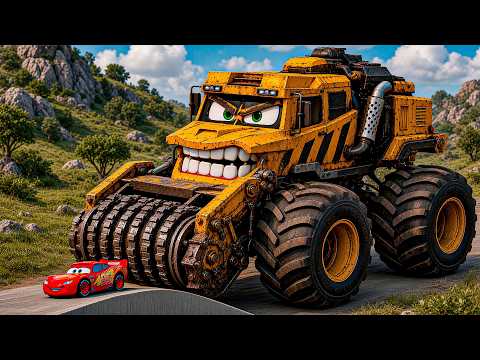 Epic Escape Lightning McQueen vs CONSTRUCTION MONSTER ROLLER MONSTER TRUCK in BeamNG.Drive #2