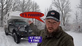 Driving a ram 5500 super singled on 42s in a snowstorm and cooking a luxurious meal off grid!