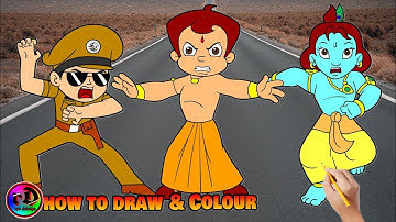 How to Draw Little Singham and Chhota Bheem and little krishna Aag aur Pani ki takkar smart painting