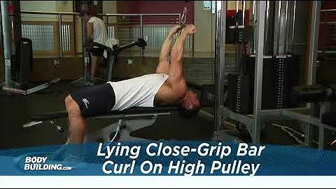 Lying Close Grip Bar Curl On High Pulley   Exercise Videos & Guides   Bodybuilding com