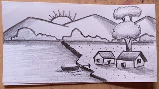 Village Scenery Drawing easy | How to draw simple Scenery Drawing for beginners
