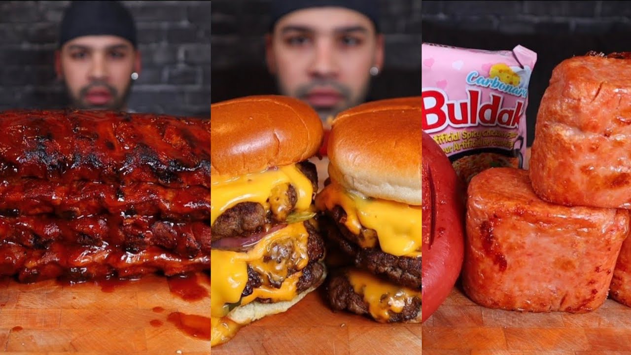 (ASMR NO TALKING) RIBS, TRIPLE CHEESE BURGERS, BULDAK NOODLES, SPAM, AND SAUSAGE MUKBANG