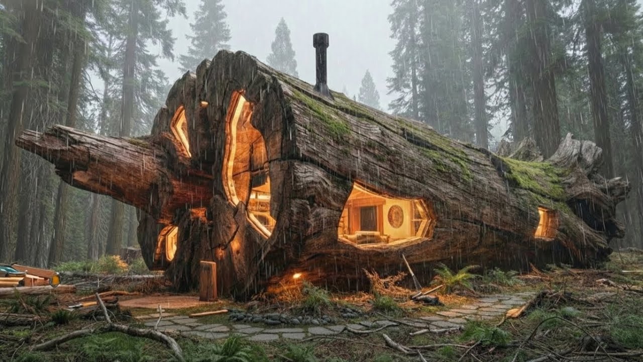 Building a house in the forest (ASMR) - This man built a mini house inside a tree trunk by himself