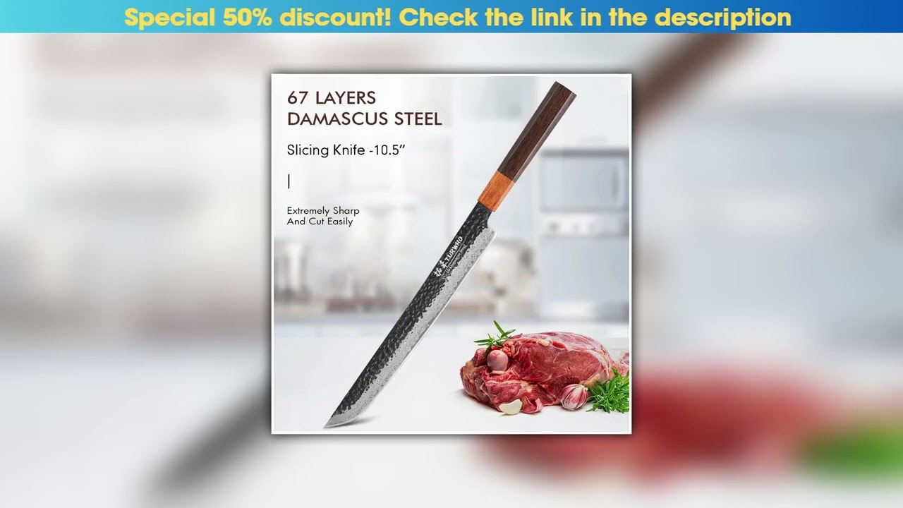 Best TURWHO 10.5 Inch SIicing Knife Japanese Damascus Steel Chef's Knife Super Sharp Cutting Meat A