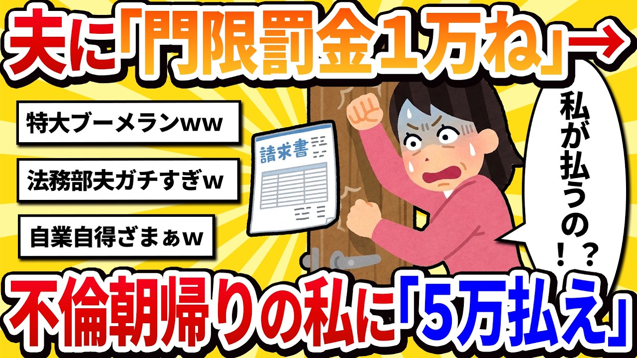 【汚嫁視点】「門限破ったら罰金1万ねw」と夫を縛っていた私。朝帰りしたら、玄関に請求書が貼ってあった。「遅刻10分につき1000円、合計5万な」