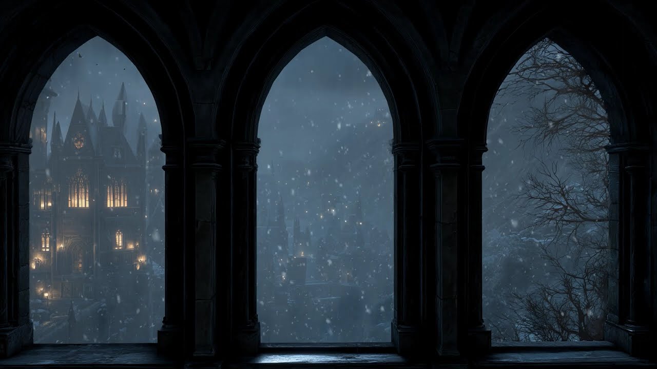 Winter Night at Hogwarts ❄️ Window View, Blizzard Sounds & Harry Potter Ambience for Sleep Instantly