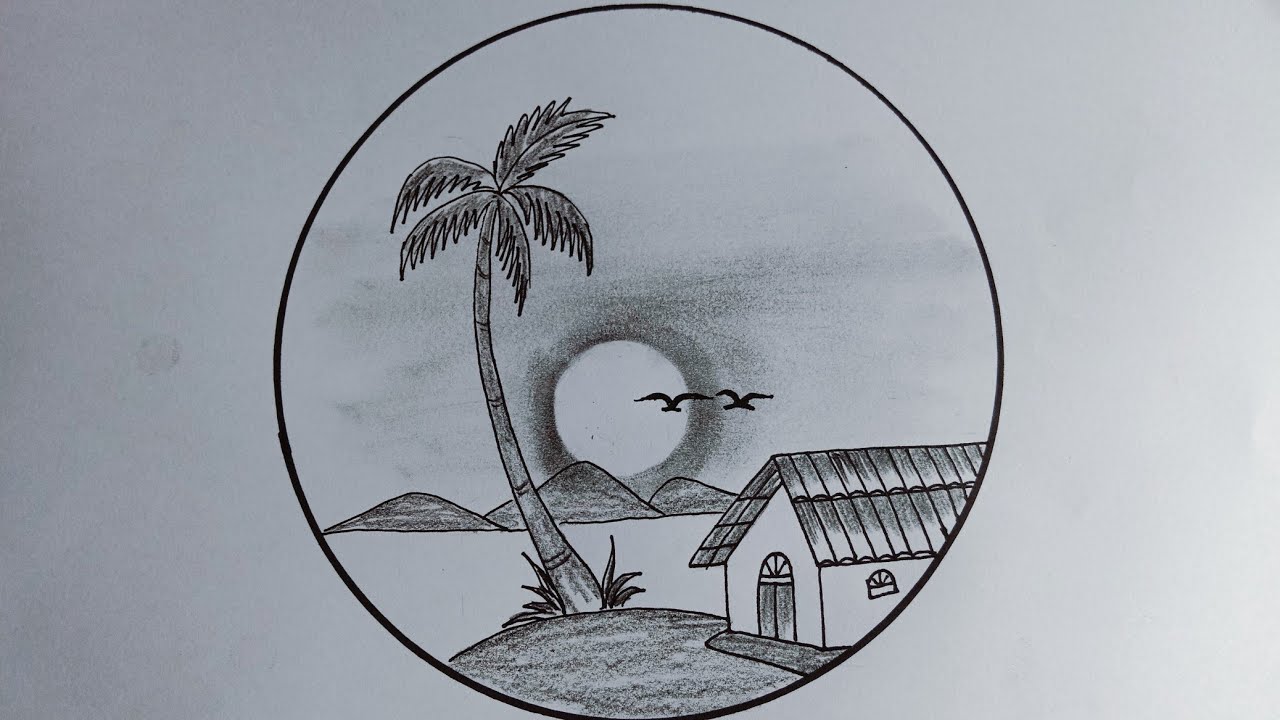 How to draw a scenery in circle || scenery drawing easy in circle ...