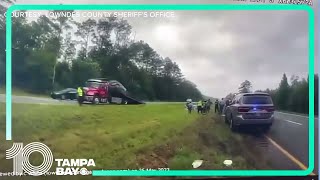 Body cam: Florida driver's car goes flying off tow truck ramp in Lowndes Co., Georgia