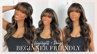 How To Style Wig With Bangs! Warm Spring Highlights Beginner Friendly NO GLUE NEEDED | Jessie&#39;s Wig