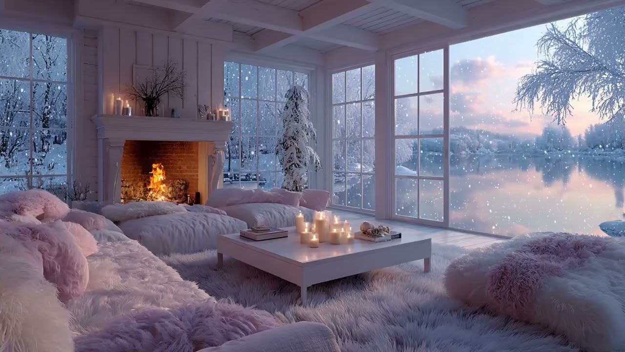 Calm Winter Lakeside Retreat – Soft Piano, Falling Snow and Fireplace Warmth for Focus and Rest