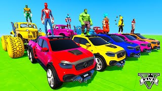 Spiderman Cars Mega Strairs Ramp Challenge ! Superhero Goku Monster Truck Fire New Epic Race - Gta V