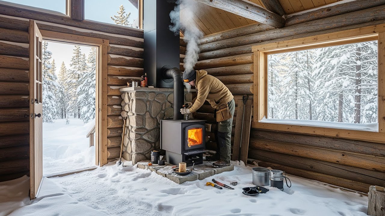 Installing a Wood Stove in My Log Cabin - Winter Off Grid Living in the ...