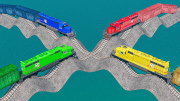 Double Train Vs Colorful Train Vs Wavy Impossible Weird Rail Track Crossing Deepwater | BeamNG.drive