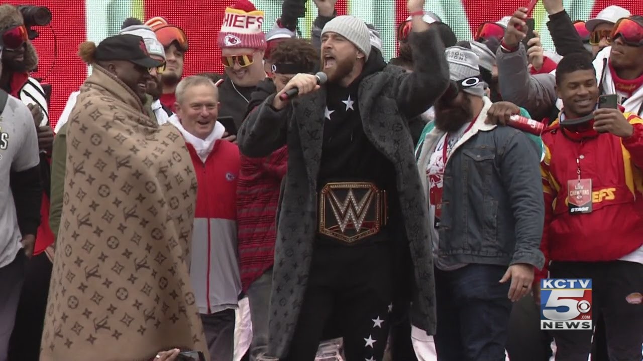 Coat Travis Kelce wore for victory parade, rally costs $18,600