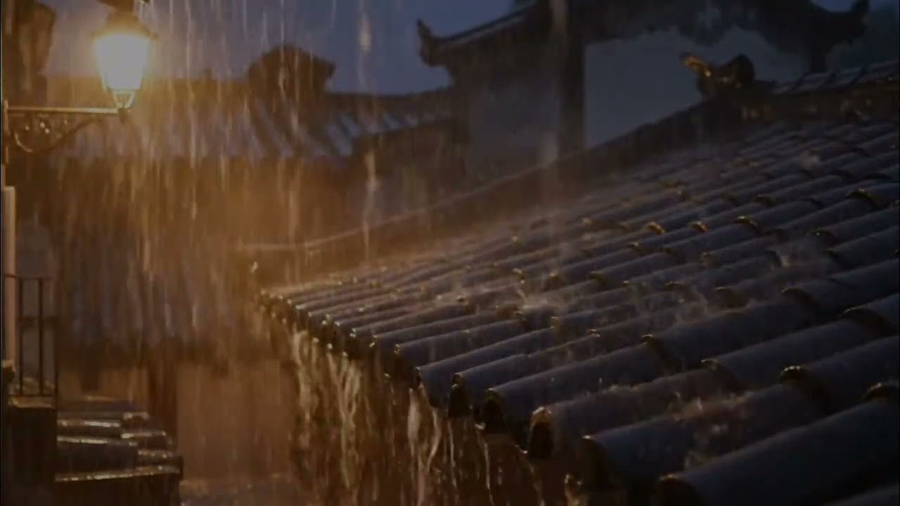 Falling asleep instantly with heavy rain and thunder covering the rain in the village at night