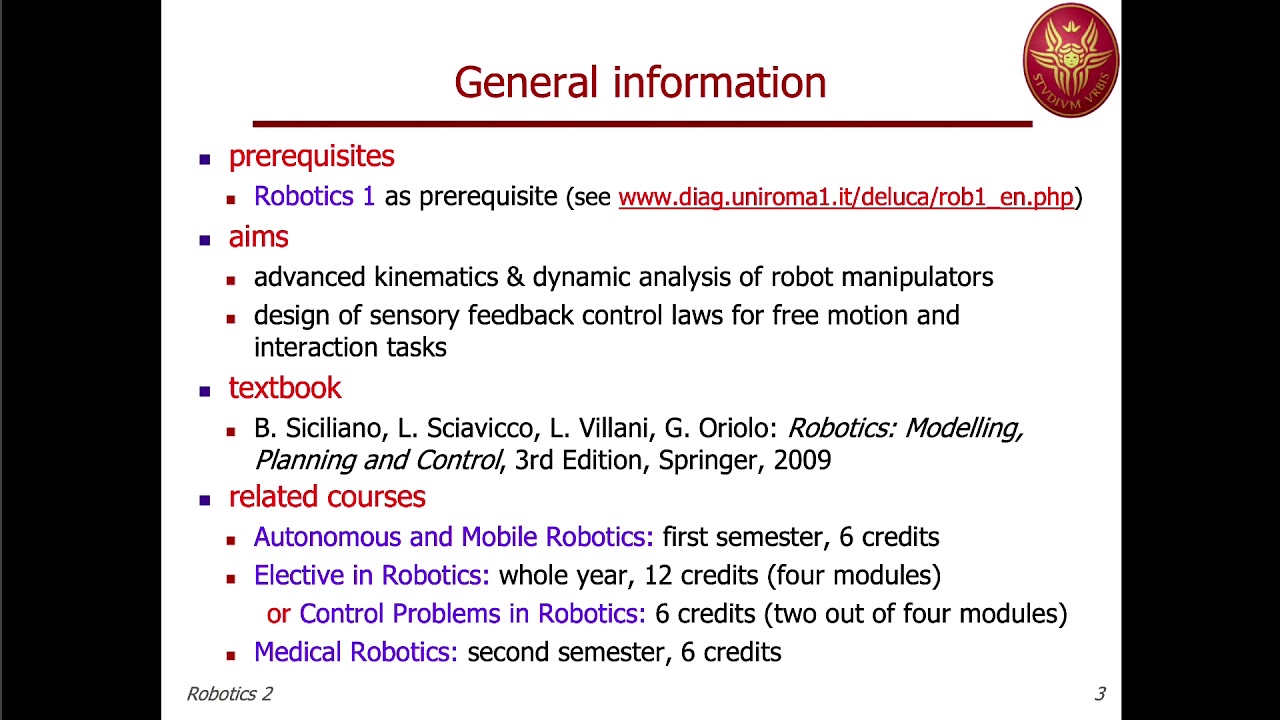 Robotics 2 - Prof. De Luca  Lecture 01 part 1 (24 Feb 2020)
