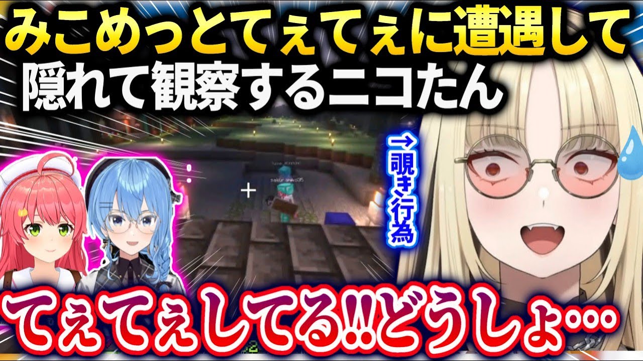ホロ鯖配信外のすいちゃんとみこちの邪魔にならないよう隠れて観察するニコたん【虎金妃笑虎/ホロライブ】