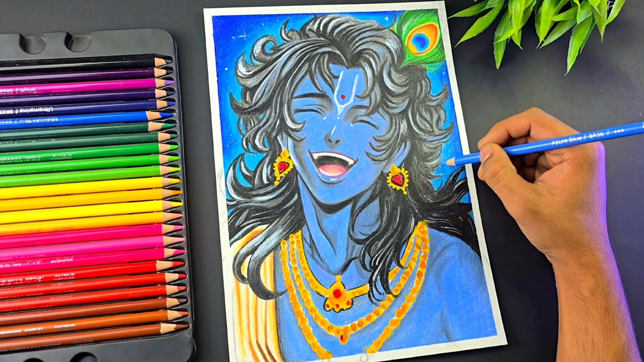 Krishna Ji Anime Style Drawing, Colour Pencil Drawing, Step By Step (Tutorial Video) ❤️