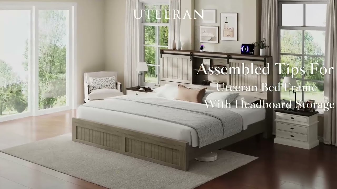 Uteeran Wooden Bed Frame with Storage Headboard and Sliding Barn Door #uteeran #bedframe #belffin