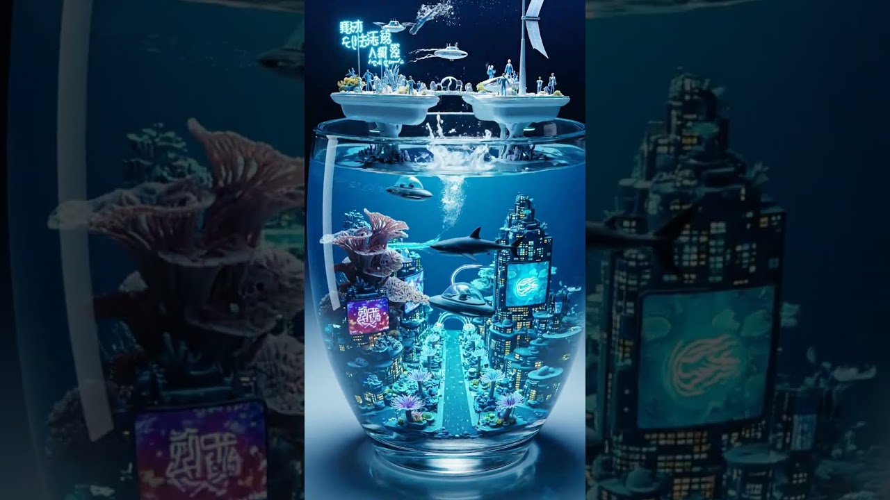 Futuristic Sea City Floating in a Glass