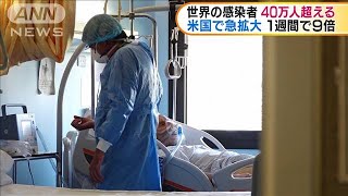 世界の感染者40万人超　米国で急拡大　1週間で9倍(20/03/25)