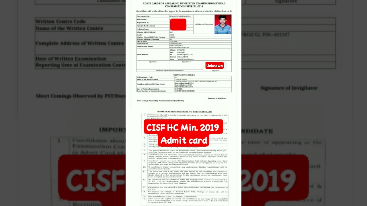 CISF HC min 2019 admit card out 