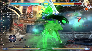 BlazBlue Centralfiction 2.0 Hazama 100%HP OD mid screen combo corner carry into high low setup