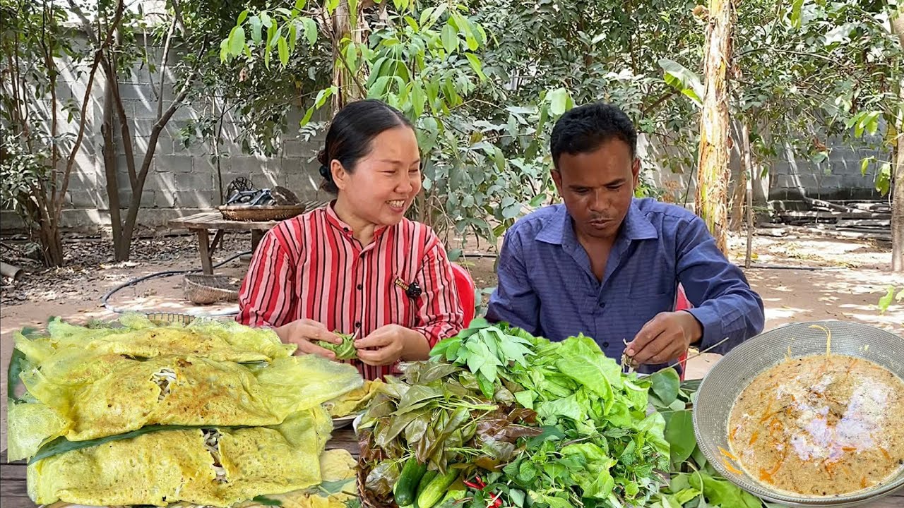 Khmer Village Food 🍃 Fresh Vegetables from the Garden & Fried Pancakes( Banh Cheo)| Cambodian Rural