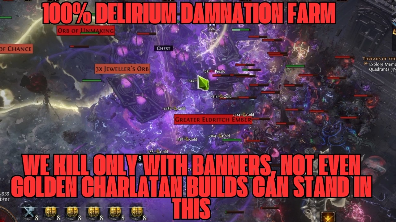 POE 3.29 DESTROY ALL CONTENT WITH BANNER SUPPORT LUMINARY/100% DELIRIUM DAMNATION FARM/FEARED/UBERS