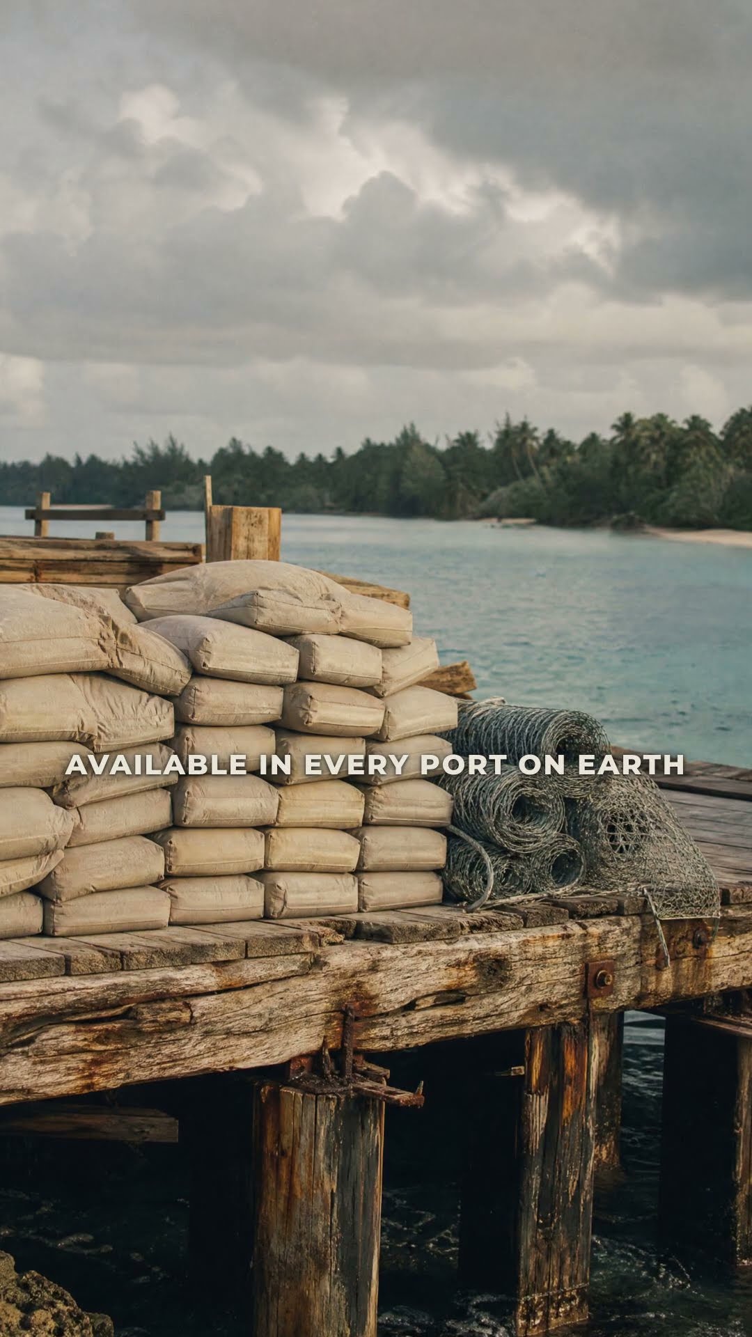 Still from episode 03, Sand, Cement, and Wire — cement sacks and wire mesh on a tropical quay