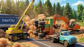 Yellow Crane &amp; Excavator Rescue Mission 🚜🏗️| Big Truck Flips Over! | Construction Vehicles Animation