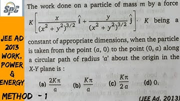 The work done on a particle of mass m by a force K [ ( x i cap / ( x2+ y2)^3/2 +  y j cap/(x2+y2) ^3