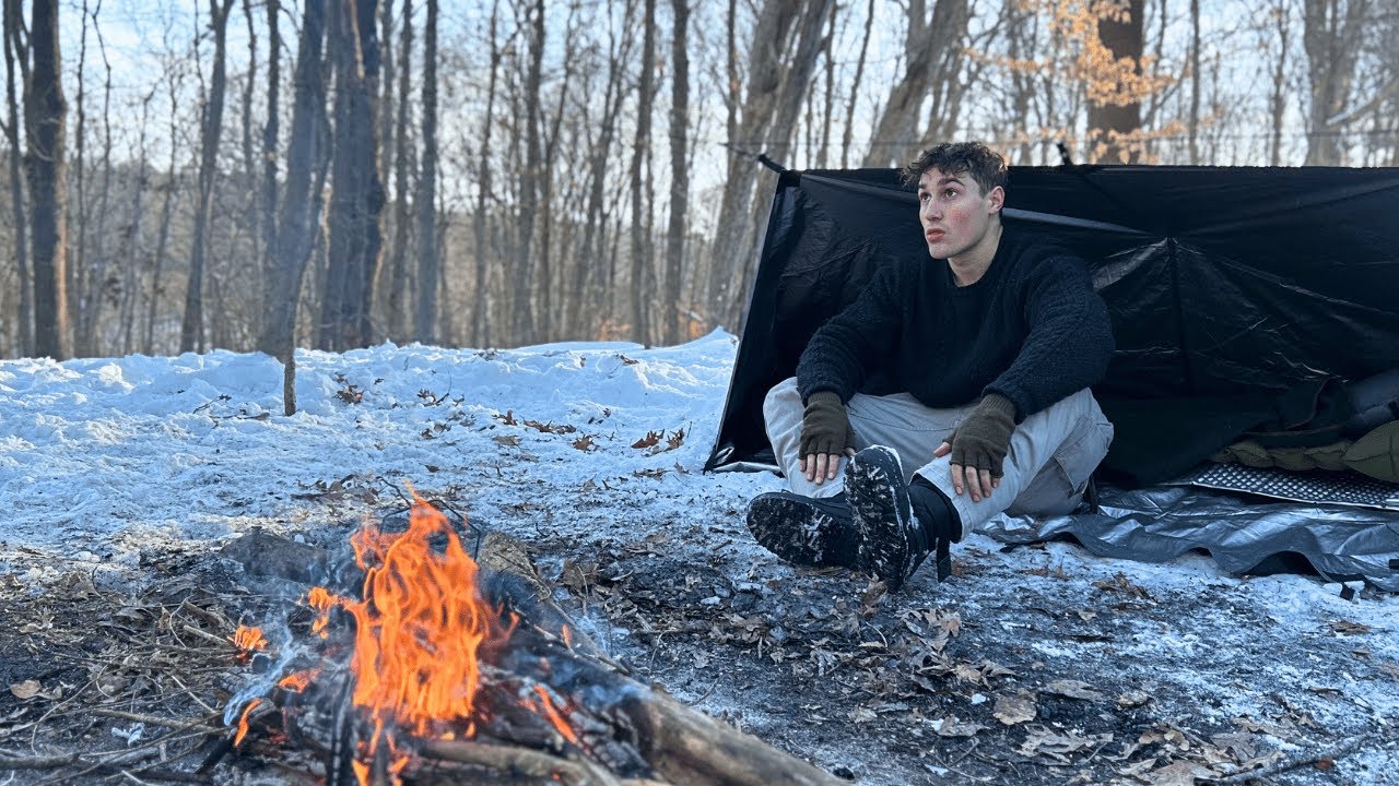 Camping Alone with No Tent in the Snowy Woods - YouTube