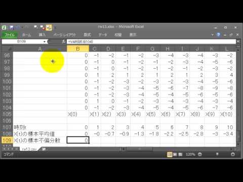 ランダムウォークの座標の標本平均値と標本不偏分散のグラフ(Excel 2010)
