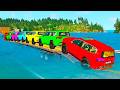 Triple Flatbed Trailer McQueen Transportation with Truck - Speedbumps vs Cars vs Train - BeamNG #96