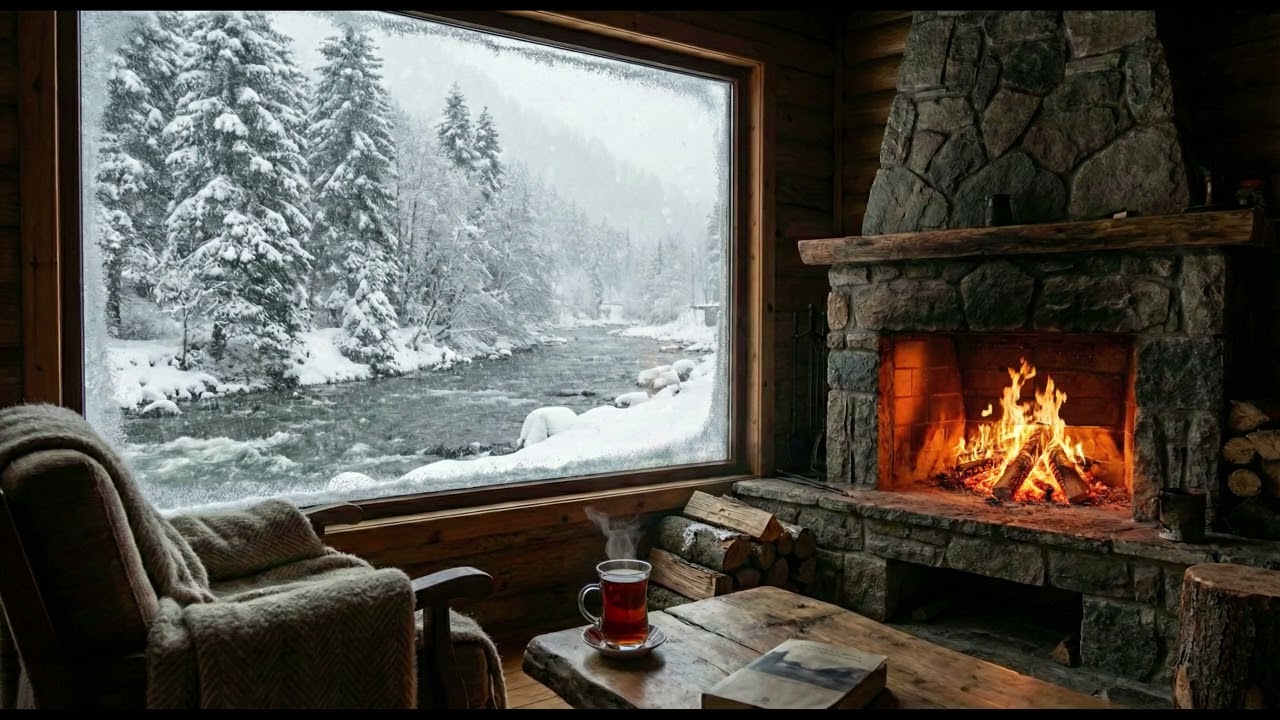 4K Cozy Winter Cabin Ambience with Crackling Fireplace & Snowy River Sounds 3 Hour❄️🔥