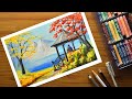 Romantic Couple scenery - a beautiful romantic place - drawing with Oil Pastels - step by step