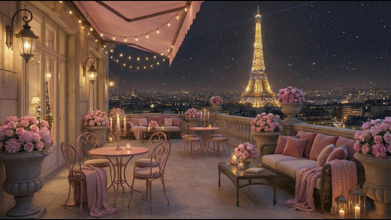♡値下げします♡　ピンクの夕暮れ、エッフェル塔の見えるカフェ Dreamy Pink Paris Balcony at Night ✨ Eiffel Tower View | Romantic