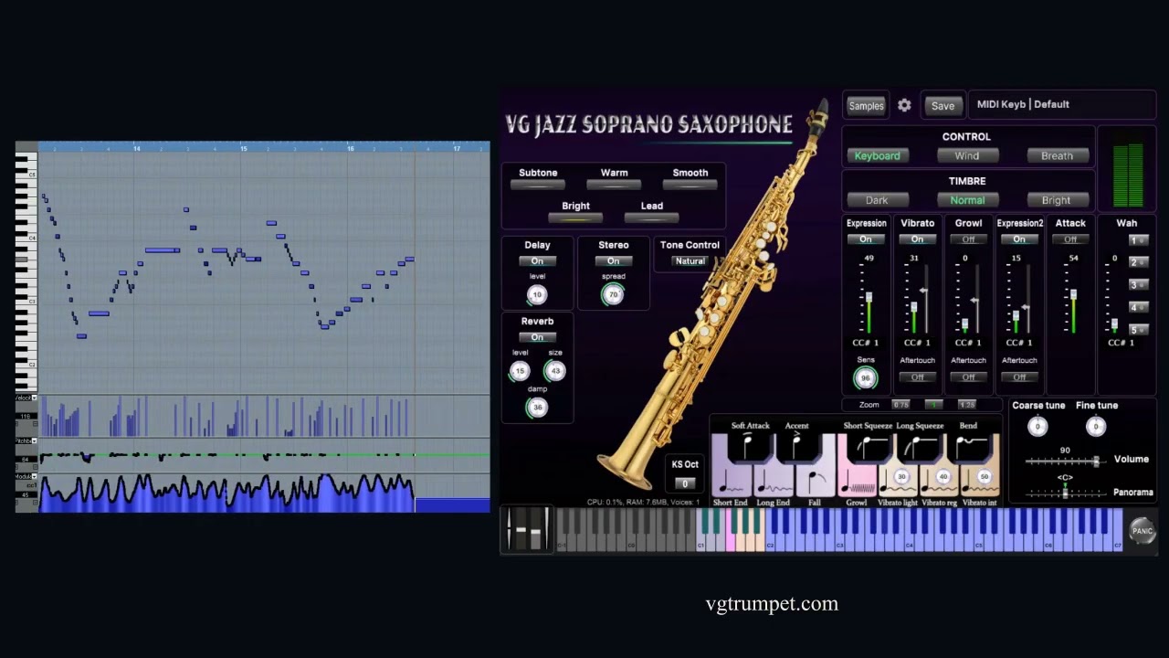 VG Jazz Soprano Saxophone Virtual Instrument. Works with MIDI, wind, breath controllers. VST AU.