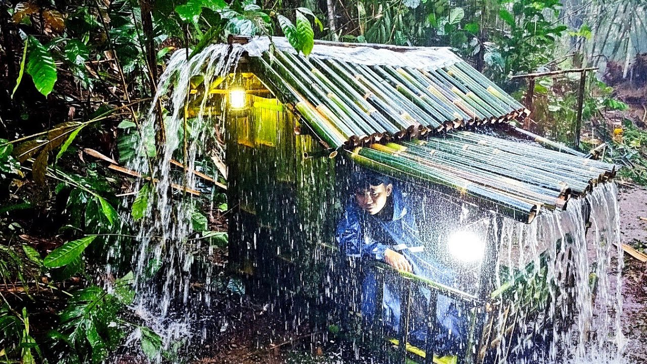 Camping heavy rain thunderstorm survival in the forest building a Bamboo house ASMR