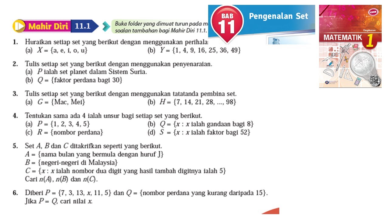 Kssm Matematik Tingkatan 1 Bab 11 Pengenalan Set Mahir Diri 11 1 No1 No6 Buku Teks Form 1 Youtube