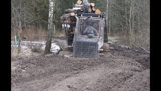 Logset 6F logging in wet forest, deep mud, big load, difficult conditions