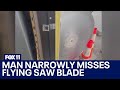 Saw blade flies across parking lot nearly hits man
