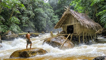 150 Days Survival Challenge Beside a Shelter by the Rushing Stream, Built with Primitive Tools