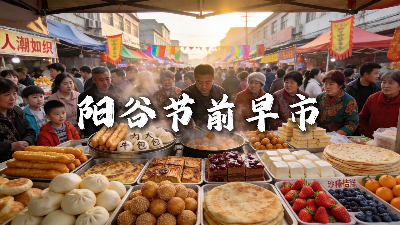 山东阳谷早市｜还有两天就除夕了，去集上买年货尝美食，刚出锅的油条、热气腾腾的牛肉大包、焦香酥脆的特色呱嗒，各种油炸丸子，奶香浓郁的枣糕，还有新鲜的蔬菜水果，集市上人山人海，满满的农历年味。