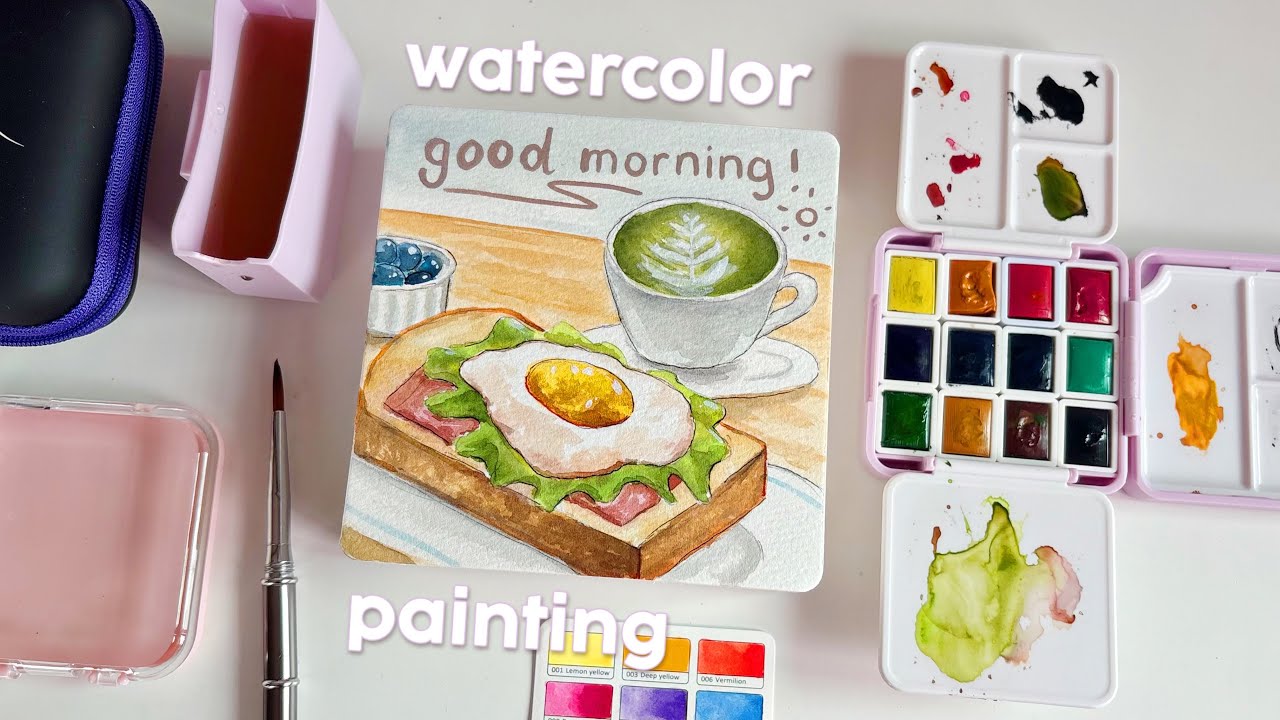 paint with me 🎨 breakfast food illustration 🍳  lightwish travel watercolor set review 🎀✨ 