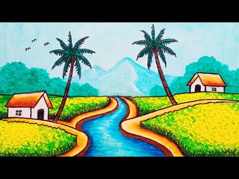 How to Draw Beautiful Village Scenery Drawing with Mountain, River and Rice Fields