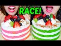 ASMR BIRTHDAY CAKE RACE EATING COMPETITION *MUKBANG CHALLENGE* GREEN TEA + STRAWBERRY CREAM CAKE 먹방